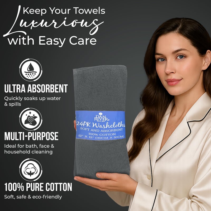DAN RIVER 24 Pack Wash Cloths for Showering [12x12] - 100% Cotton Washcloths Premium Quality Flannel Face Cloths for Bathroom, Highly Absorbent and Soft Feel Wash Clothes, Gray - Image 4